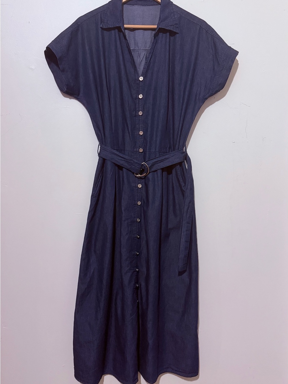 Classic Navy Midi Shirt Dress with Ring Belt